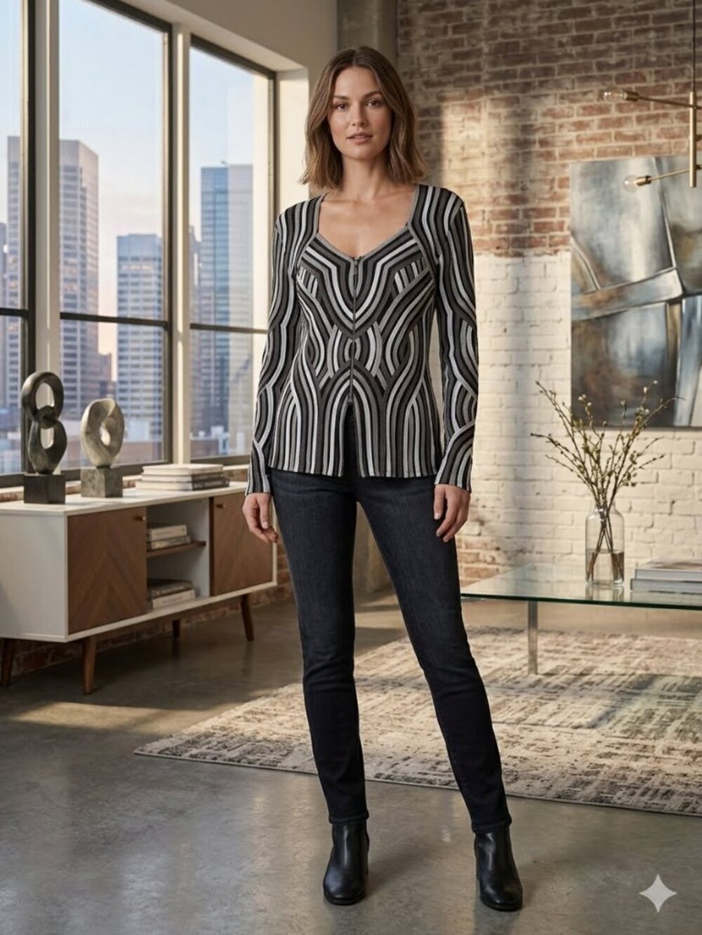 Cartise Women Size 12 Geometric Art to Wear Long Sleeve Double Zipper Front Top